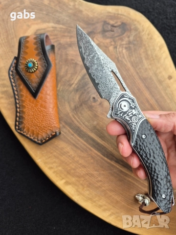 Уникален сгъваем нож дамаска стомана с кожена кания, снимка 14 - Ножове - 52325439
