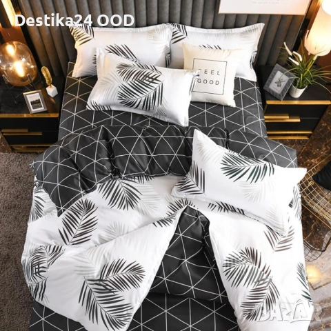 Мек и приятен спален комплект 180x220 бял с черни листа 4 части, снимка 7 - Спално бельо - 53899256