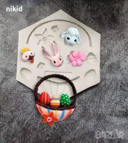 Великденска кошница яйца зайче заек агне пиле цветя силиконов молд форма за фондан украса декорация, снимка 2 - Форми - 20679751