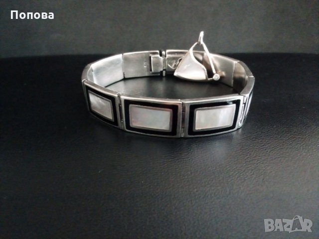 Дизайнерски сребърен масивен лот  с оникс и седеф /гривна и медальон/