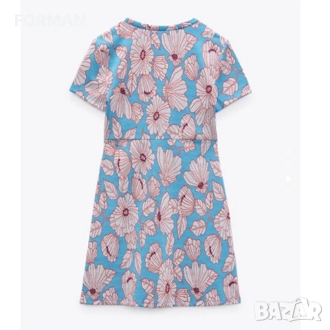Къса рокля в свежи сини флорални шарки, снимка 3 - Рокли - 50897177