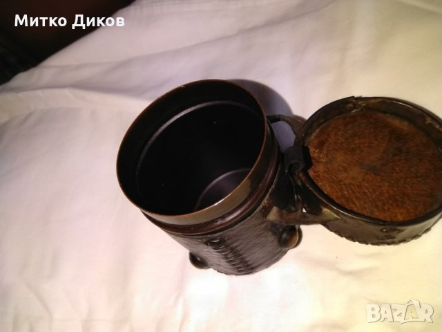 Метална медна чашка с обвивка естествена кожа с инкрустации от соца винтидж, снимка 8 - Колекции - 29428594