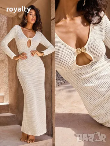 Рокля от плетен тъкан плат в кайсиев цвят 🥥