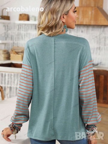 Дамска ежедневна блуза с контрастни райета и дълги ръкави, 5цвята , снимка 7 - Блузи с дълъг ръкав и пуловери - 44359300