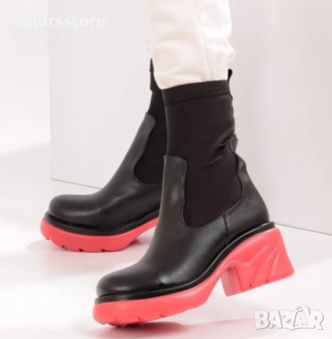 Боти на ток - черна кожа с ходило в коралов цвят - BB1