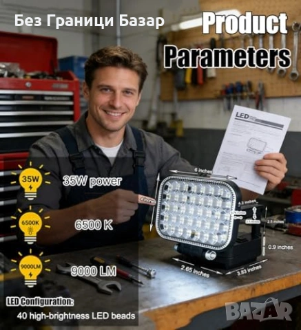 Нова 35W 9000LM LED работна лампа за Makita 18V LXT IPX6 USB Акумулаторен прожектор, снимка 3 - Други инструменти - 54129139