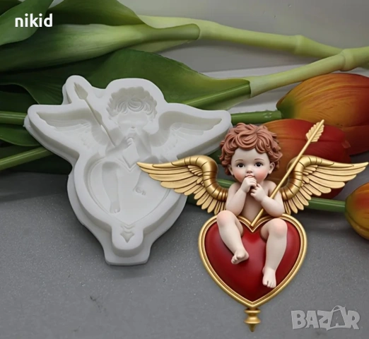 Ангел Купидон с лък върху сърце силиконов молд форма фондан шоколад гипс декор Свети Валентин