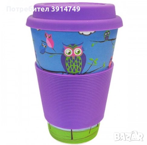 Екологично чиста чаша с капак, за многократна употреба, бамбукова материя, 400 мл, Бухал /Сова, НОВА
