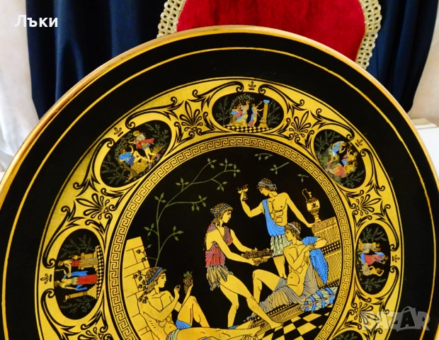 Гръцка порцеланова чиния,Богове,24 k злато,29 см., снимка 4 - Антикварни и старинни предмети - 51990295