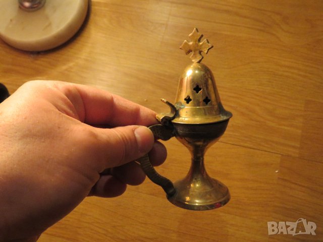 Старинно бронзово кадило, тамянник с дебела патина и кръст  13 см, 1914 г, Царство България - за кол