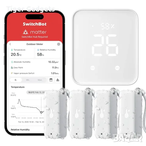 SwitchBot 4 бр. термометри и влагомери с Matter Hub – Wi-Fi/Bluetooth, IP65, смарт известия