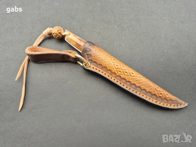 Компактен ловен нож,фултанг дамаска стомана с кожена кания, LN426, снимка 10 - Ножове - 52327576