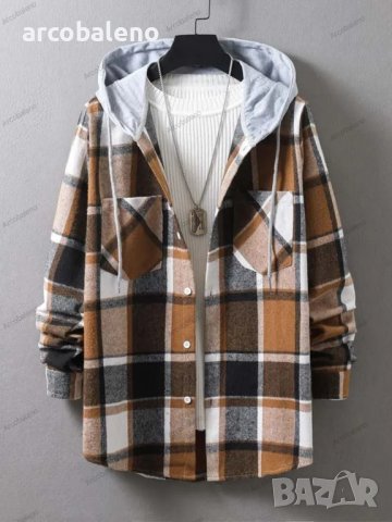 Ежедневна мъжка карирана риза (яке) с качулка, 5цвята, снимка 8 - Ризи - 42760268