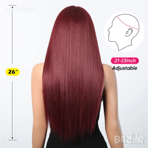 73 см Тъмно червена бургунди бордо права перука с дантела 13x4x1, снимка 2 - Аксесоари за коса - 52383394