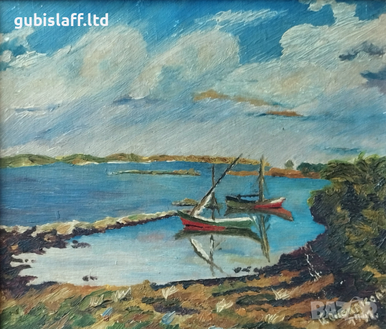 Картина, лодки, море, худ. Й. Сколаковъ, 1941 г., снимка 2 - Картини - 44605624