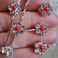 Фуркети цвете с червена перла и кристали , снимка 2 - Аксесоари за коса - 38017057