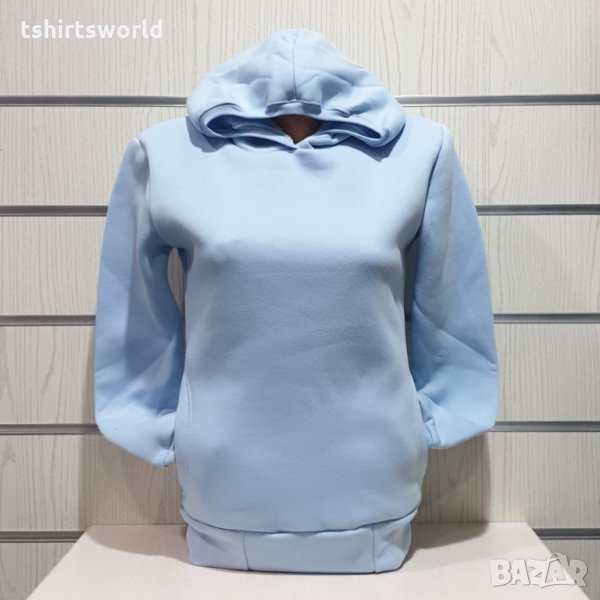 Нов дамски светлосин суичър с качулка и джобчета, снимка 1