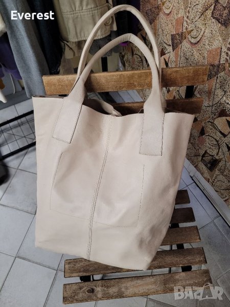 Естествена кожа, голяма чанта,тип торба, БЕЖЕВА, снимка 1