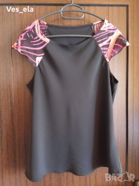 елегантна черна шифонена  блуза с шарена дантела , снимка 1