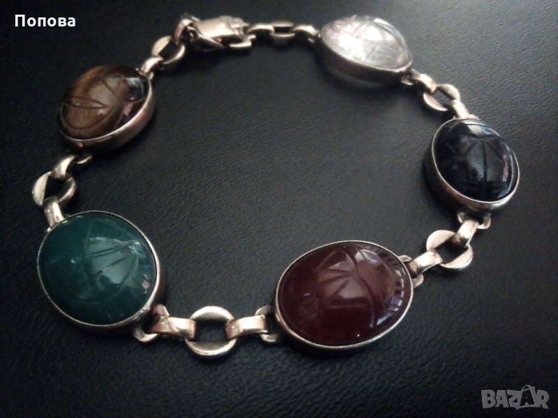  Дизайнерска масивна сребърна гривна с естествени камъни и позлата, снимка 1