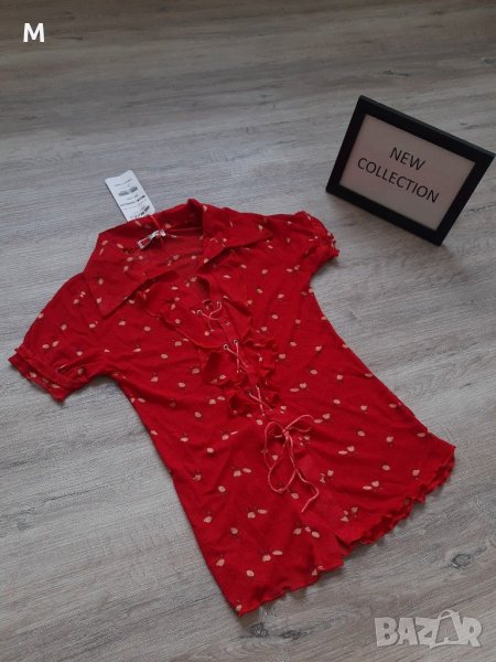 Нова колекция уникална червена риза на цветя с къс ръкав със закопчаване, тип-корсет на намаление, снимка 1