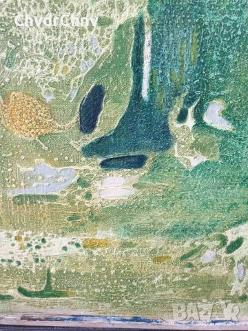 70х40см/абстрактна стара картина масло върху платно/ексресионизъм/зелена вода/дървена рамка, снимка 8 - Картини - 51432205