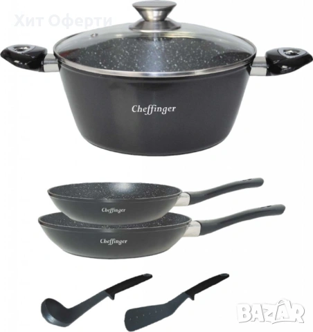 Комплект съдове за готвене 6 части Cheffinger – тенджера 24 см, тигани 24 и 28 см, за индукция, снимка 3 - Съдове за готвене - 53167662