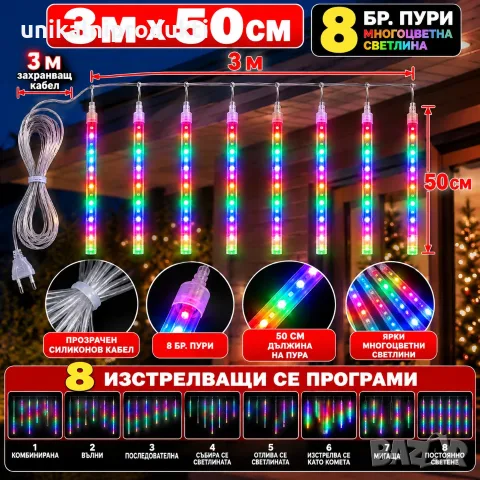 Коледни новогодишни лампички падащ сняг многоцветна светлина 3м х 50см 8бр. пурички 