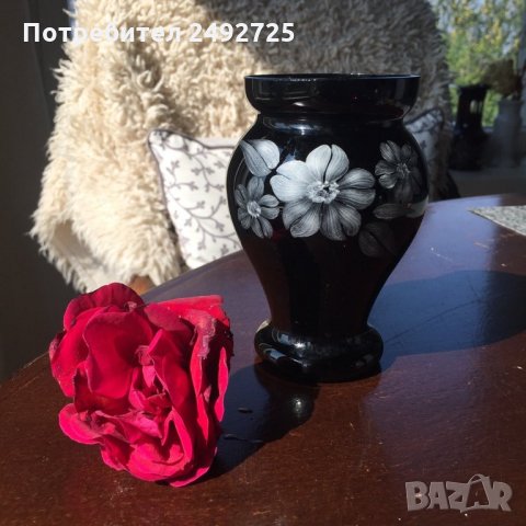 Руска ваза цветно стъкло лилаво ръчно рисувано, снимка 3 - Вази - 29431738