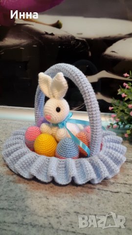 Великденски подаръци. Зайчето +7 яйцата в кошницата. Плетена играчка. Ръчно изработени., снимка 6 - Плюшени играчки - 40207405