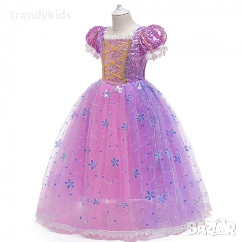 Разкошна рокля на Рапунцел! Аксесоари- перука, плитка, кринолин, ръкавици, пантофки, колие., снимка 9 - Детски рокли и поли - 36898753