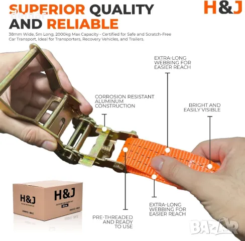 4 бр. 38 мм ремъци с тресчотка за закрепване на тежки товари, автомобили, до 2000 кг всяка, оранжеви, снимка 2 - Аксесоари и консумативи - 47709963