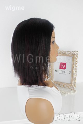 Черна перука от ЕСТЕСТВЕН косъм с тъмночервени кичури Селена, снимка 2 - Аксесоари за коса - 37787339
