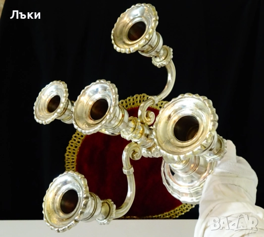 Посребрен свещник петица,1.6 кг.,викториански. , снимка 5 - Антикварни и старинни предмети - 52382080