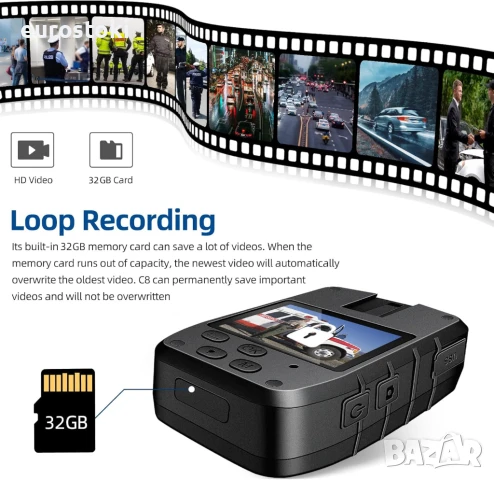 CAMMHD C8-32GB 2K/1296P телесна камера, 11-12 часа видеозапис, нощно виждане, IP67 водоустойчива , снимка 5 - Камери - 51086199