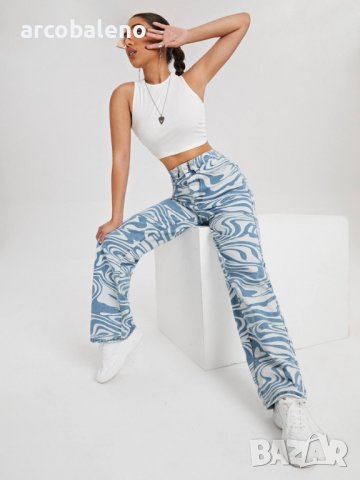 Дамски свободни прави дънки с щампа с водни вълни, снимка 6 - Дънки - 39286623