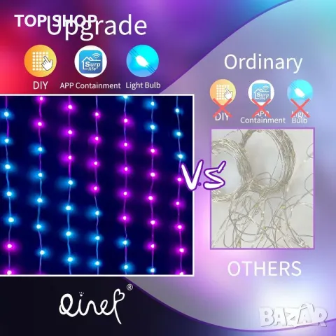 QINER светлини-завеса, 1x1m феерични светлини 400 светодиода, RGBIC, снимка 8 - Лед осветление - 49866138