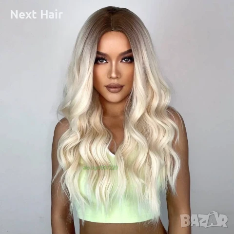 Висококачествена светло руса чуплива перука с тъмни корени на път, снимка 7 - Аксесоари за коса - 51058457