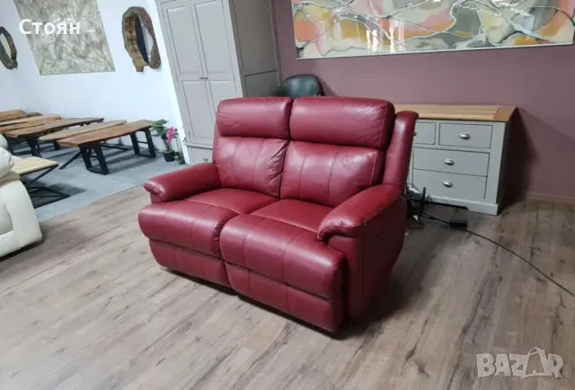 Червен кожен диван двойка с електрически релаксиращ механизъм, снимка 6 - Дивани и мека мебел - 50059015
