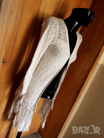 Кремаво бяля дълга жилетка плетиво с ресни С, снимка 4 - Жилетки - 34077968