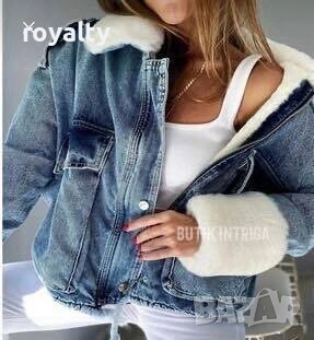 СИНЬО ДЪНКОВО ЯКЕ С БЯЛ ПУХ, снимка 2 - Якета - 52648364