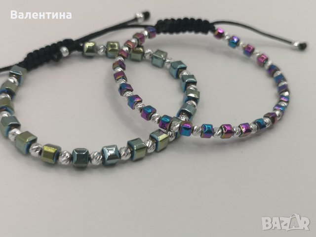 Дамска гривна кубчета хематит и 925 сребърни мъниста