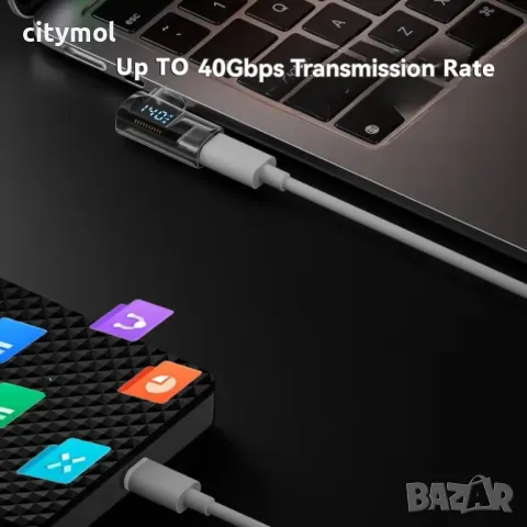 USB C към USB C адаптер 90 градусов, с LED дисплей, 8К, 40 Gbps 140 W, Power Meter, USB4 Thunderbolt, снимка 5 - Други - 49563462