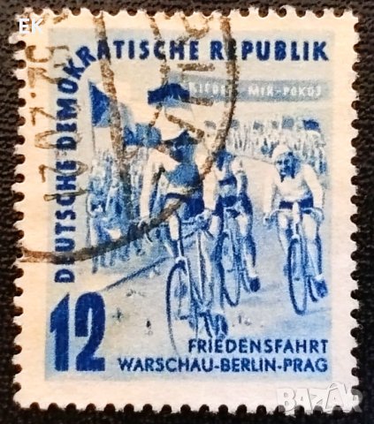 ГДР, 1952 г. - самостоятелна марка с печат, спорт, 3*8, снимка 1 - Филателия - 40621895