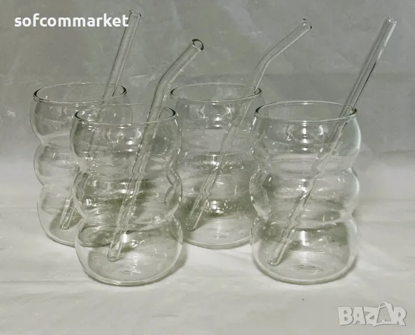 4 бр. ALINK Bubble стъклени чаши със сламки (550 мл)