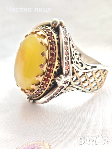 Голям Разкошен Сребърен Мъжки Султан Пръстен с Кехлибар и Карнеоли ARTUKBEY