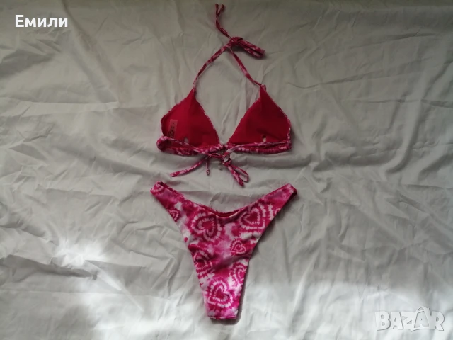 Нов комплект розов дамски бански от две части с принт сърчица р-р XS, S, M, L , снимка 5 - Бански костюми - 50900005