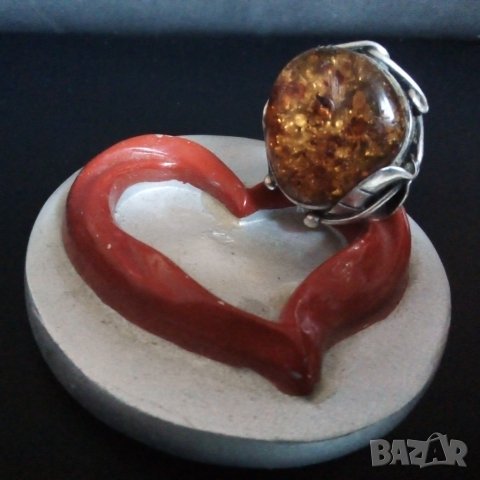 Дизайнерски масивен  сребърен пръстен с естествен кехлибар ръчна изработка , снимка 2 - Пръстени - 39184889