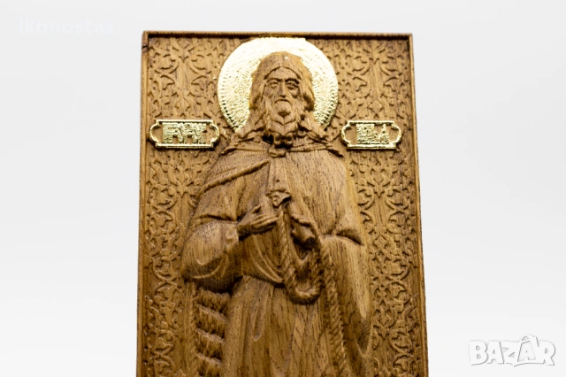 Позлатена релефна икона на пророк Илия от масивен дъб, снимка 6 - Икони - 53224817