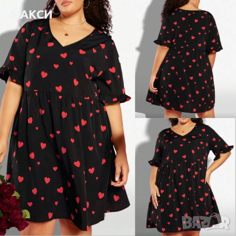 Макси ефирна клоширана туника/рокля с къдрички на ръкавите в черно на красиви червени сърца - лека, 